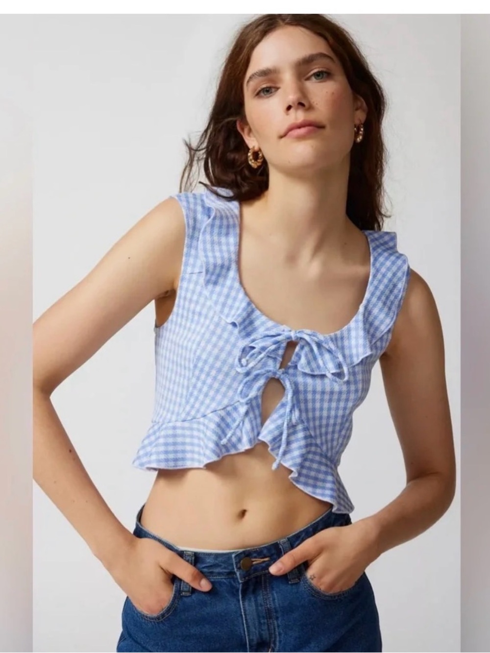 Urban Outfitters Light Blue Gingham Ruffle Tie-Front Crop Top